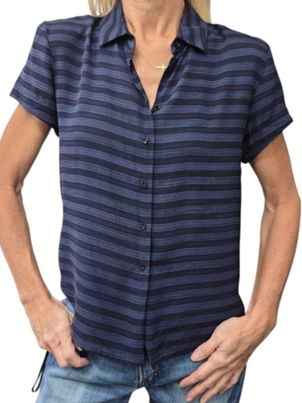 Vintage 90s Jones New York Silk Blouse 6P Blue Stripe Sheer Petite